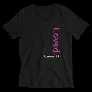 LOVED ROMANS 5:8 WOMEN'S COTTON BLACK VNECK TEE SIZED 2X